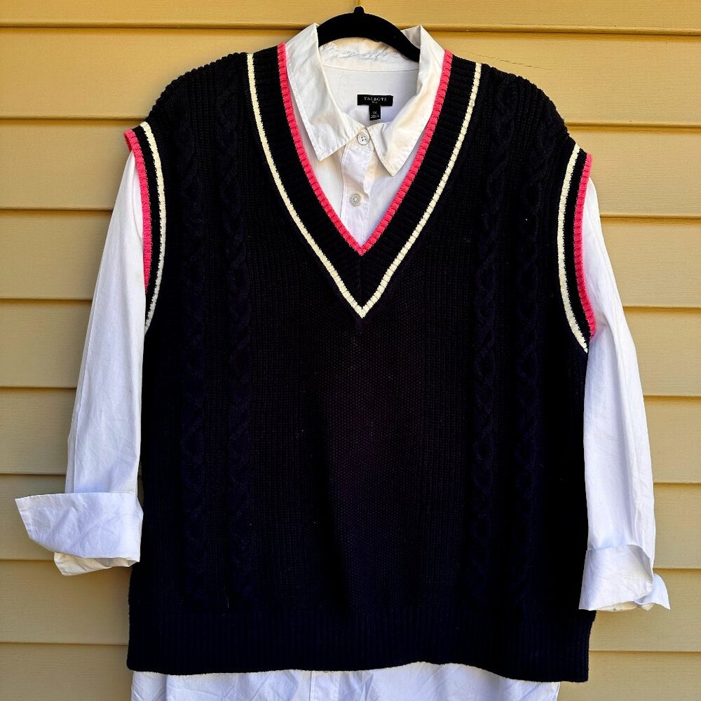 Talbots Navy Cabled Pink and White Sweater Vest 1X